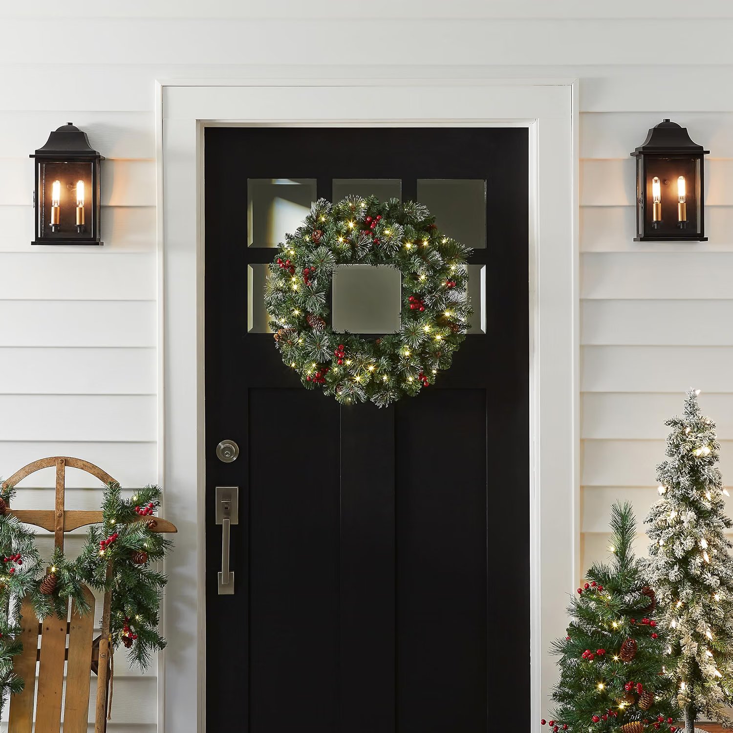 Wreath lights glowing