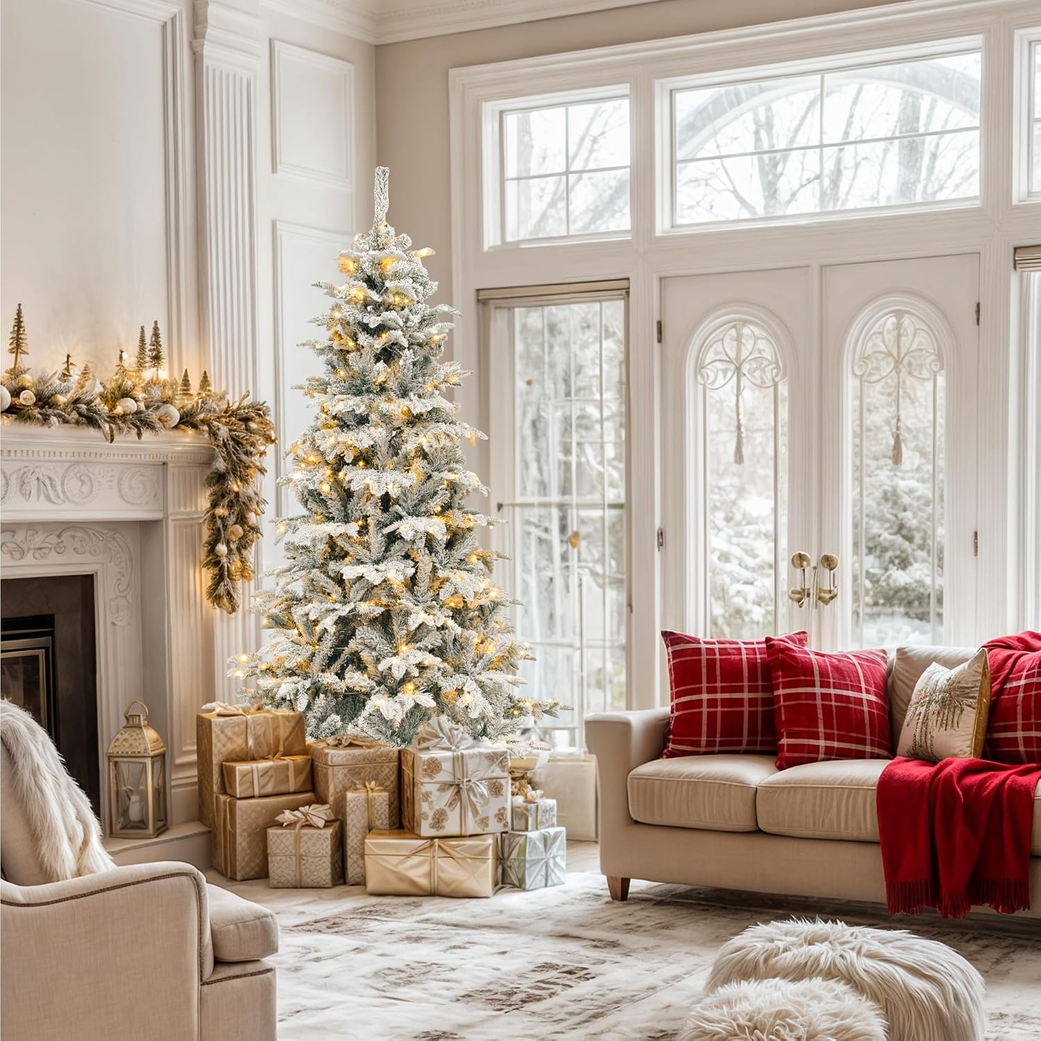 YITAHOME 7.5ft Prelit Natural Layered Flocked Christmas Tree with Remote